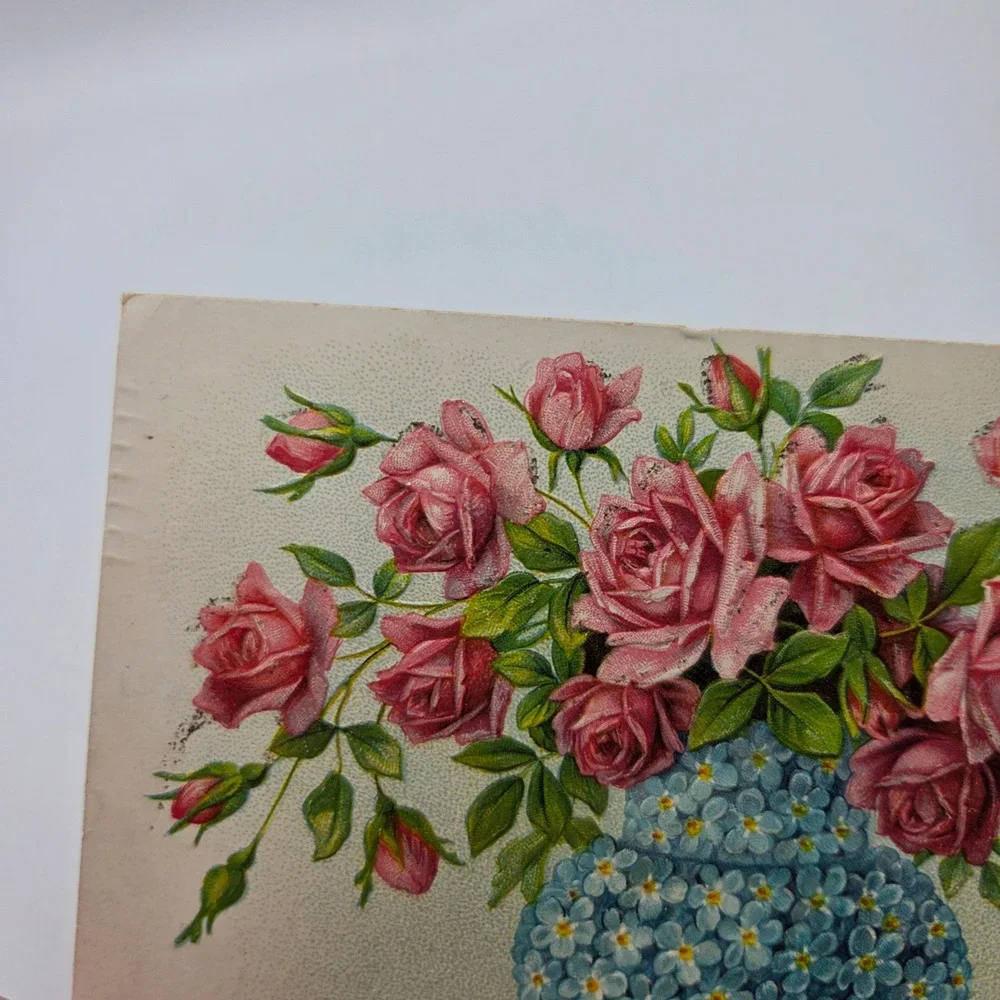 Vintage Best Wishes Pink Roses Blue Vase Embossed‎ Postcard SER. 575
